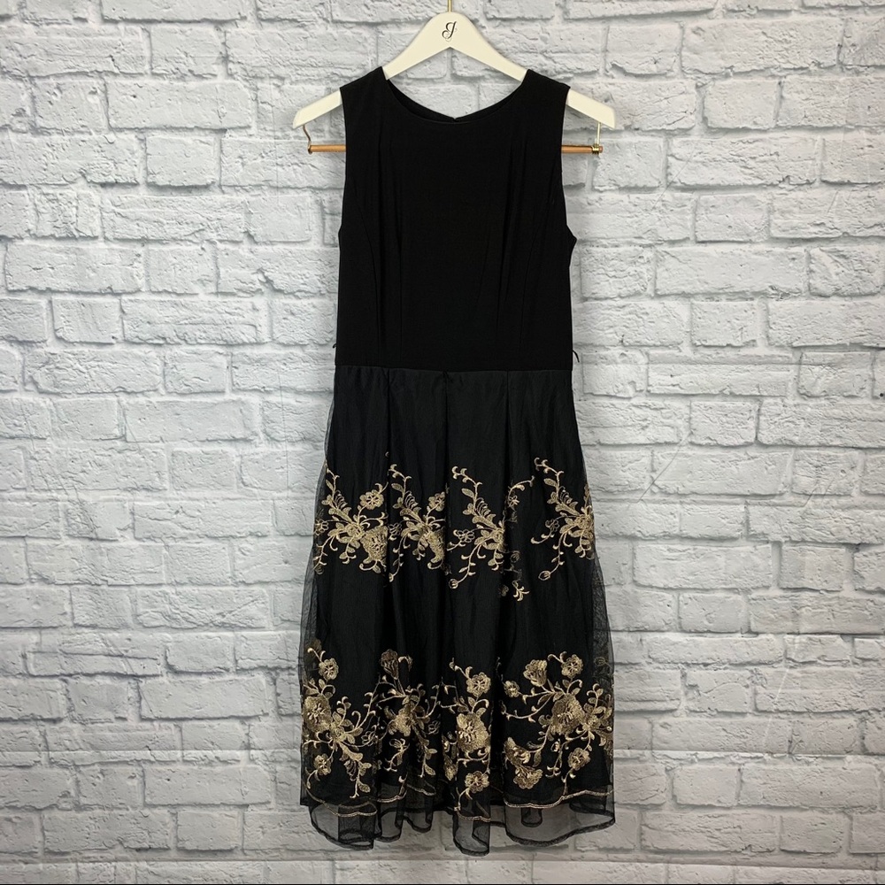 R&K black dress with gold floral embroidery